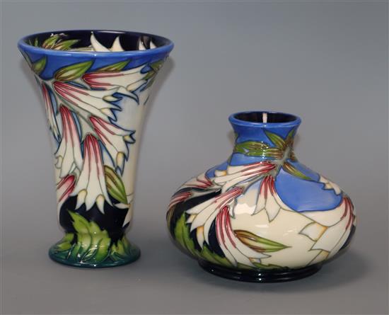 Two Moorcroft Lily pattern vases tallest 15.5cm